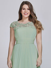 Load image into Gallery viewer, Color=Mint Green | Lacey Neckline Open Back Ruched Bust Plus Size Evening Dresses-Mint Green 6