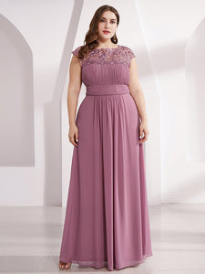 Color=Orchid | Lacey Neckline Open Back Ruched Bust Plus Size Evening Dresses-Orchid 1