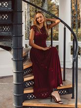 Load image into Gallery viewer, Color=Burgundy | Lacey Neckline Open Back Ruched Bust Evening Dresses-Burgundy 3