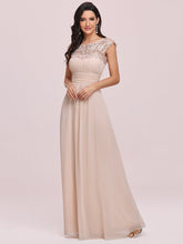 Load image into Gallery viewer, Color=Blush | Lacey Neckline Open Back Ruched Bust Evening Dresses-Blush 3