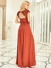 Load image into Gallery viewer, Color=Burnt orange| Lacey Neckline Open Back Ruched Bust Evening Dresses-Burnt orange 2
