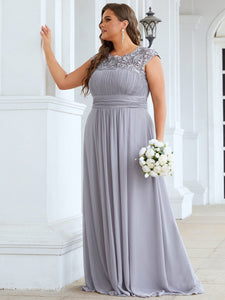 Color=Grey | Lacey Neckline Open Back Ruched Bust Plus Size Evening Dresses-Grey  2