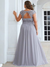 Load image into Gallery viewer, Color=Grey | Lacey Neckline Open Back Ruched Bust Plus Size Evening Dresses-Grey  4