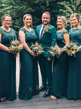 Load image into Gallery viewer, Color=Teal | Lacey Neckline Open Back Ruched Bust Evening Dresses-Teal 3