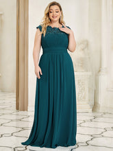 Load image into Gallery viewer, Color=Teal | Lacey Neckline Open Back Ruched Bust Plus Size Evening Dresses-Teal 3