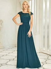 Load image into Gallery viewer, Color=Teal | Lacey Neckline Open Back Ruched Bust Evening Dresses-Teal 1