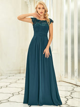 Load image into Gallery viewer, Color=Teal | Lacey Neckline Open Back Ruched Bust Evening Dresses-Teal 5