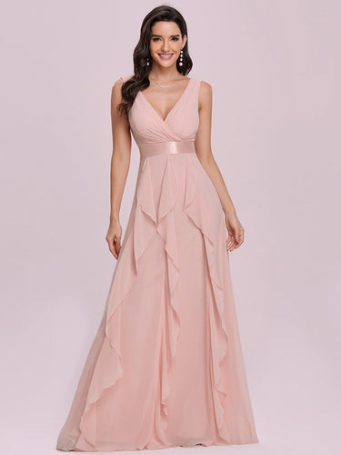 Color=Pink | Gorgeous Bridesmaid Dress with Deep V-neck -Pink 1