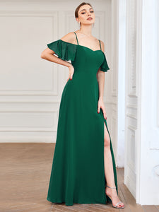 Color=Dark Green | Wholesale High Split Chiffon Bridesmaid Dress With Spaghetti Straps-Dark Green 3