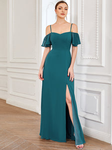 Color=Teal | Wholesale High Split Chiffon Bridesmaid Dress With Spaghetti Straps-Teal 4