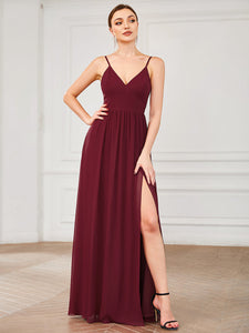 Color=Burgundy | Sleeveless V Neck Wholesale Bridesmaid Dresses with Spaghetti Straps-Burgundy 1