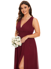 Load image into Gallery viewer, Color=Burgundy | Sleeveless Deep V Neck Thigh High Split Wholesale Bridesmaid Dresses-Burgundy 5