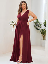 Load image into Gallery viewer, Color=Burgundy | Sleeveless Deep V Neck Thigh High Split Wholesale Bridesmaid Dresses-Burgundy 3