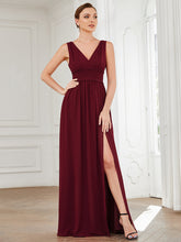 Load image into Gallery viewer, Color=Burgundy | Sleeveless Deep V Neck Thigh High Split Wholesale Bridesmaid Dresses-Burgundy 1