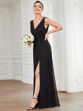 Load image into Gallery viewer, Color=Black | Sleeveless Deep V Neck Thigh High Split Wholesale Bridesmaid Dresses-Black 3