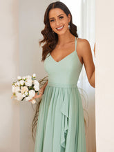 Load image into Gallery viewer, Color=Mint Green | Spaghetti Straps Slit A-Line Wholesale Chiffon Bridesmaid Dress With Ruffle Detail-Mint Green 5