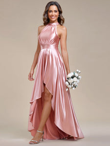 Color=Pink | High Low Halter Neck Stain Wholesale Bridesmaid Dresses-Pink 3