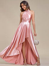 Load image into Gallery viewer, Color=Pink | High Low Halter Neck Stain Wholesale Bridesmaid Dresses-Pink 4