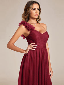 Color=Burgundy | Backless One Shoulder Pleated Split Tulle Wholesale Bridesmaid Dresses-Burgundy 5