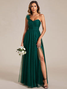 Color=Dark Green | Backless One Shoulder Pleated Split Tulle Wholesale Bridesmaid Dresses-Dark Green 8
