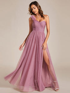 Color=Orchid | Backless One Shoulder Pleated Split Tulle Wholesale Bridesmaid Dresses-Orchid 15