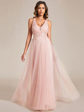 Load image into Gallery viewer, Color=Pink | Backless V Neck Appliques Mesh Wholesale Bridesmaid Dresses-Pink