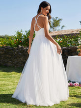Load image into Gallery viewer, Color=White | Backless V Neck Appliques Mesh Wholesale Bridesmaid Dresses-White 2