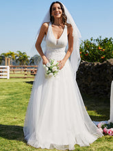Load image into Gallery viewer, Color=White | Backless V Neck Appliques Mesh Wholesale Bridesmaid Dresses-White 3