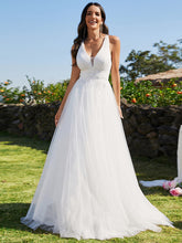 Load image into Gallery viewer, Color=White | Backless V Neck Appliques Mesh Wholesale Bridesmaid Dresses-White 4