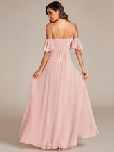 Load image into Gallery viewer, Color=Pink | Maxi Long Cold Shoulder Wholesale Bridesmaid Dresses With Short Sleeves-Pink 9