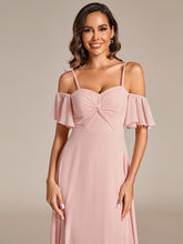 Load image into Gallery viewer, Color=Pink | Maxi Long Cold Shoulder Wholesale Bridesmaid Dresses With Short Sleeves-Pink 