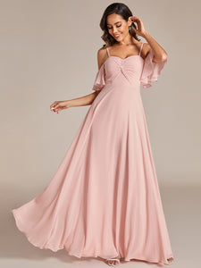 Color=Pink | Maxi Long Cold Shoulder Wholesale Bridesmaid Dresses With Short Sleeves-Pink 