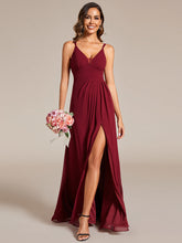 Load image into Gallery viewer, Color=Burgundy | Plunging Neck Split Spaghetti Strap Back X-Cross Bridesmaid Dress-Burgundy 4