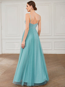 Color=Dusty blue | Elegant V Neck A Line Spaghetti Straps Wholesale Bridesmaid Dresses-Dusty blue 3