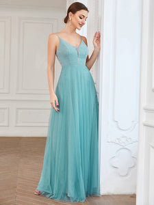 Color=Dusty blue | Elegant V Neck A Line Spaghetti Straps Wholesale Bridesmaid Dresses-Dusty blue 4