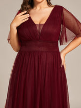 Load image into Gallery viewer, Color=Burgundy | Deep V-Neck Short Ruffles Sleeves A Line Wholesale Bridesmaid Dresses-Burgundy 5