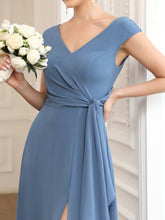 Load image into Gallery viewer, Color=Dusty Navy | Deep V Neck Cover Sleeves A Line Split Wholesale Bridesmaid Dresses-Dusty Navy 6
