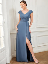 Load image into Gallery viewer, Color=Dusty Navy | Deep V Neck Cover Sleeves A Line Split Wholesale Bridesmaid Dresses-Dusty Navy 1