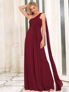 Color=Burgundy | Elegant Pleated A-Line Floor Length One Shoulder Sleeveless Wholesale Bridesmaids Dress-Burgundy 3