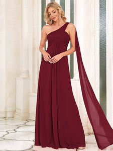Color=Burgundy | Elegant Pleated A-Line Floor Length One Shoulder Sleeveless Wholesale Bridesmaids Dress-Burgundy 4