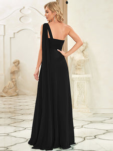 Color=Black | Elegant Pleated A-Line Floor Length One Shoulder Sleeveless Wholesale Bridesmaids Dress-Black 14
