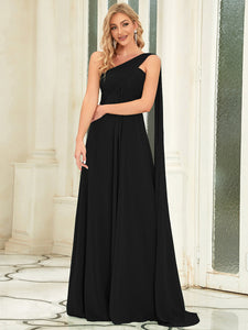 Color=Black | Elegant Pleated A-Line Floor Length One Shoulder Sleeveless Wholesale Bridesmaids Dress-Black 15