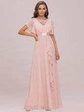 Load image into Gallery viewer, Color=Pink | V Neck A Line Wholesale Bridesmaid Dresses with Ruffle Sleeves-Pink 8