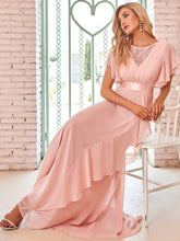 Load image into Gallery viewer, Color=Pink | V Neck A Line Wholesale Bridesmaid Dresses with Ruffle Sleeves-Pink 4