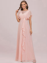 Load image into Gallery viewer, Color=Pink | V Neck A Line Wholesale Bridesmaid Dresses with Ruffle Sleeves-Pink 6