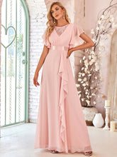 Load image into Gallery viewer, Color=Pink | V Neck A Line Wholesale Bridesmaid Dresses with Ruffle Sleeves-Pink 1