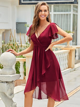 Load image into Gallery viewer, Color=Burgundy | Hot Asymmetrical Hem Pagoda Sleeves Wholesale Bridesmaid Dresses-Burgundy 3