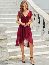 Load image into Gallery viewer, Color=Burgundy | Hot Asymmetrical Hem Pagoda Sleeves Wholesale Bridesmaid Dresses-Burgundy 4