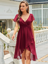 Load image into Gallery viewer, Color=Burgundy | Hot Asymmetrical Hem Pagoda Sleeves Wholesale Bridesmaid Dresses-Burgundy 1