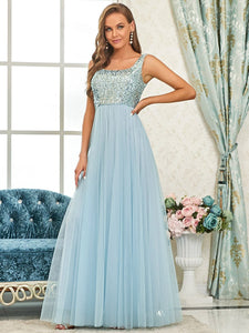 Color=Sky Blue | Spectacular U Neck Sleeveless A Line Wholesale Bridesmaid Dresses-Sky Blue 3
